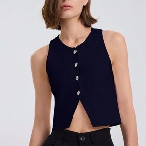 NWT—Zara Navy Knit Button Down Vest (S)